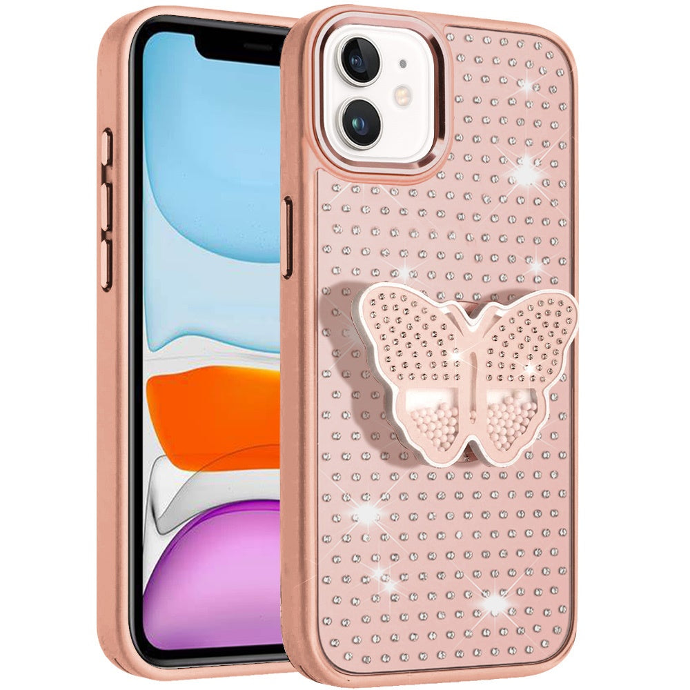 Phone Case for Apple iPhone 11 Butterfly Grip Pop Stand Diamond Sparkle Hybrid Shockproof Metal Button Slim Protective Grip Decorative Design Cover