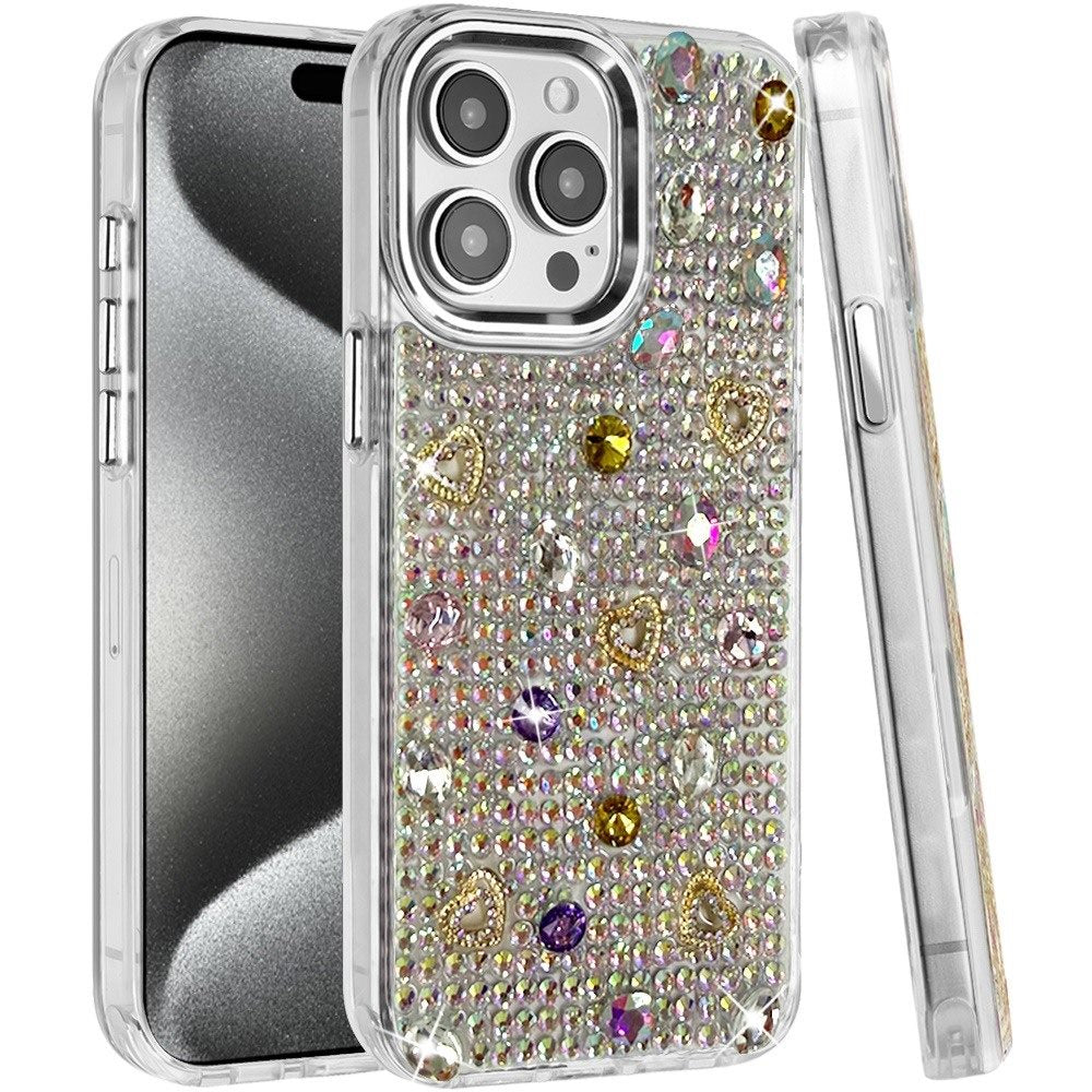 Phone Case for Apple iPhone 15 Pro Chrome Fashion Hybrid Bling Diamond Heart Rhinestone Decorative Stones Sparkling Embellished Design Cover