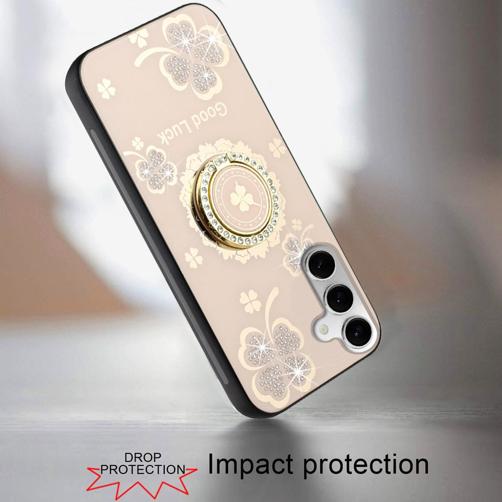 For Apple iPhone SE 4 Diamonds 3D Fashion Floral Bling Sparkly Glitter Ornaments Engraving Hybrid with Ring Stand Case Cover Gold Good Luck Floral