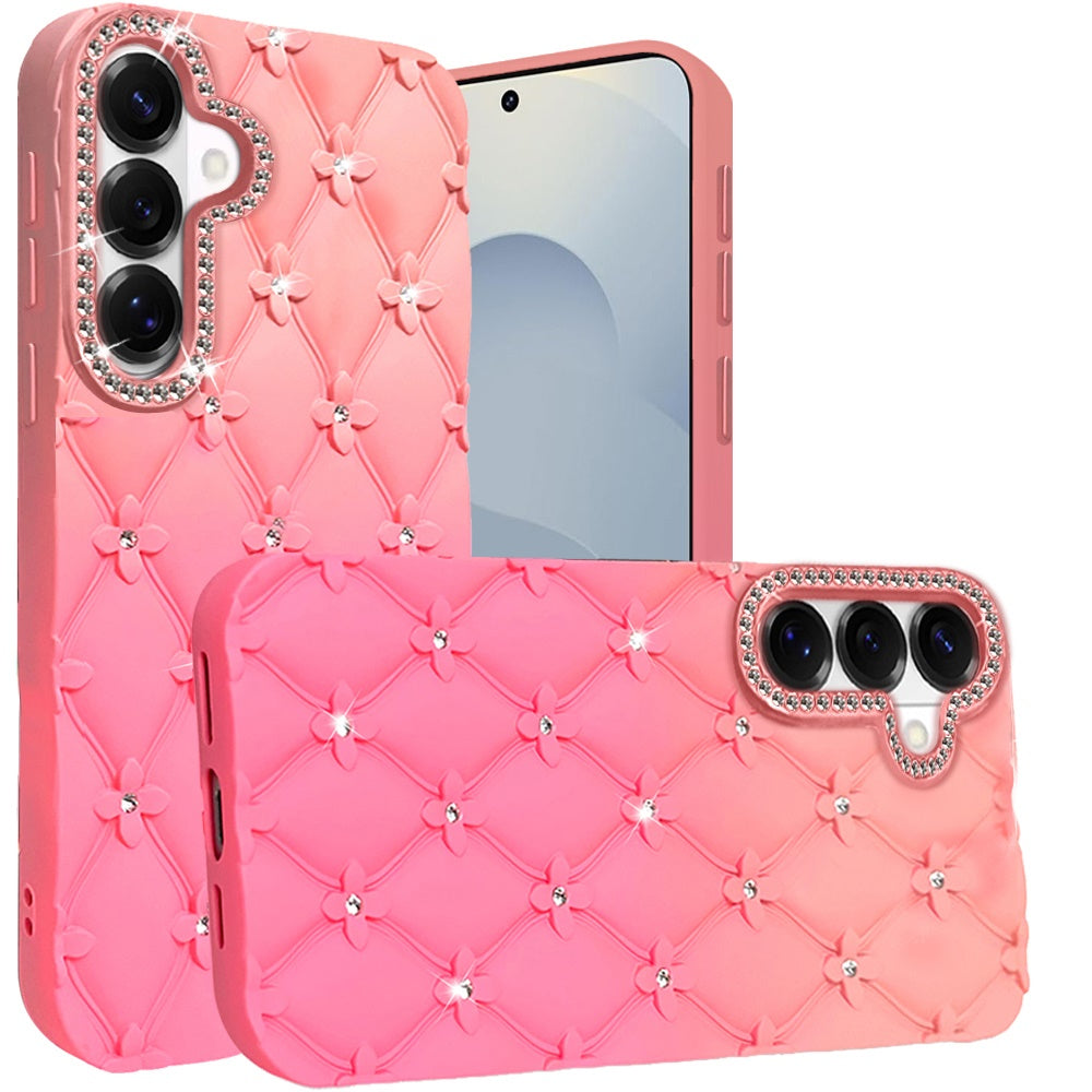 For Samsung Galaxy S26 Fashion Flower Design Sparkle Glitter Shimmer Rhinestone Bling Floral Accents, Leather Texture TPU Case Cover