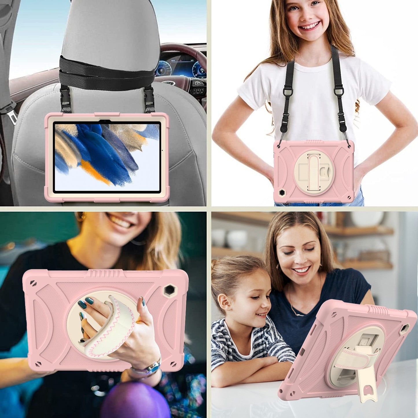 For 3-in-1 Tough Hybrid Shockproof Protector Silicone TPU with Pencil Holder, Kickstand, Hand & Shoulder Strap Rose Gold Pink Tablet Case Cover