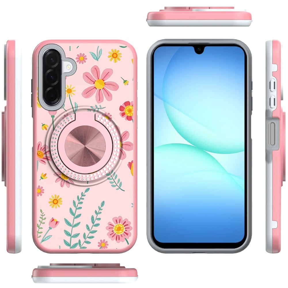 Phone Case for Galaxy A17 5G Magnetic Ring Stand Matte Metal Hybrid Car Mount Friendly Shockproof Rotational Grip Diamond Design Pattern Cover