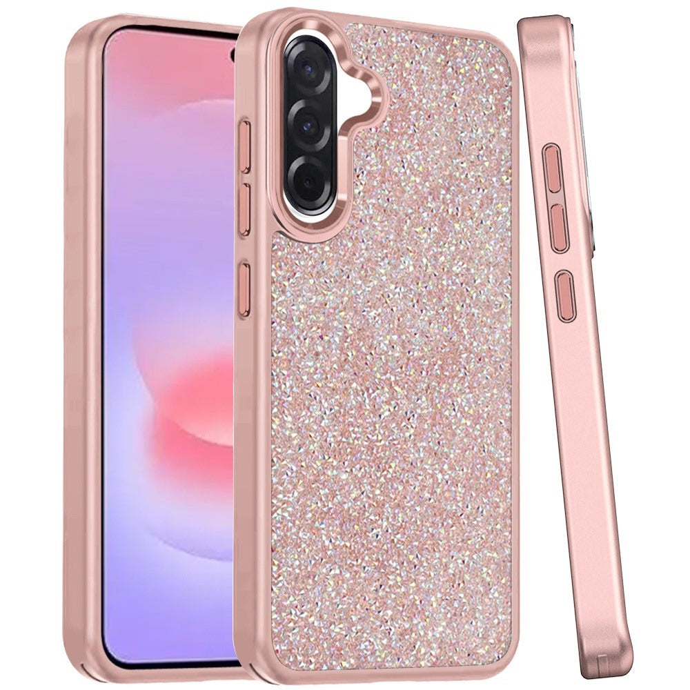 Phone Case for Galaxy A37 Crystal Glass Bling Diamond Metallic Edge Shockproof Durable Protective Clear Hybrid Stylish Premium Design Cover
