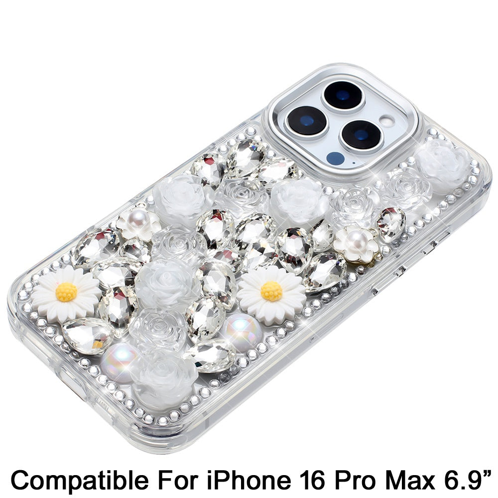 Phone Case for Apple iPhone 16 Pro Max Full Bling Rhinestone Glitter Floral Luxury Hybrid Shockproof Stylish Sparkling Protective Designer Ornament Cover