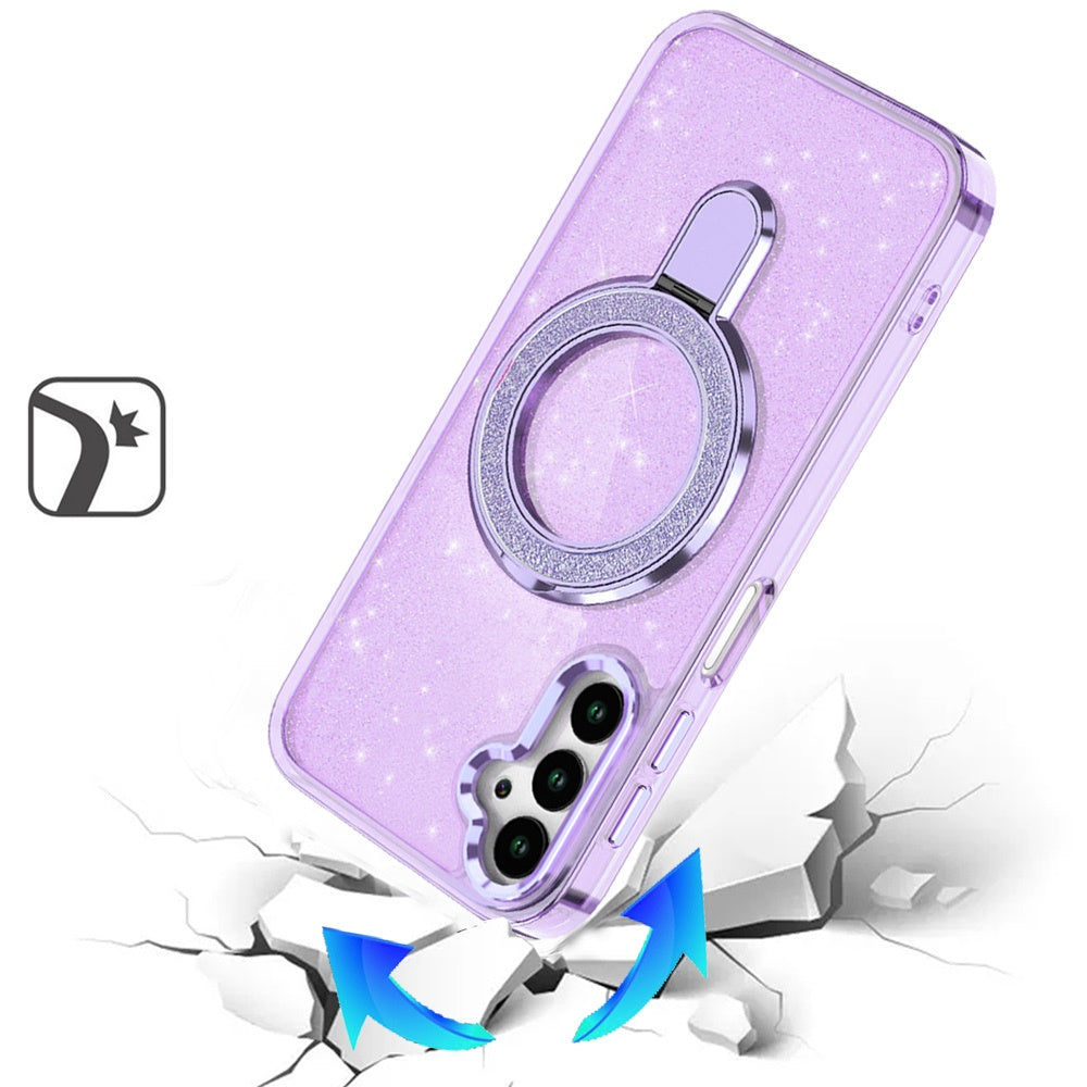 For Samsung Galaxy A16 5G Transparent Glitter Bling Case with Rotating Magnetic Ring Stand, Shockproof Hybrid Case Cover
