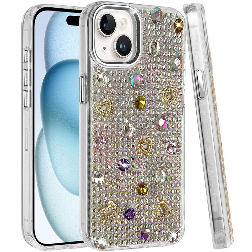 Phone Case for iPhone 15 Chrome Fashion Hybrid Bling Diamond Heart Rhinestone Decorative Stones Sparkling Embellished Design Cover