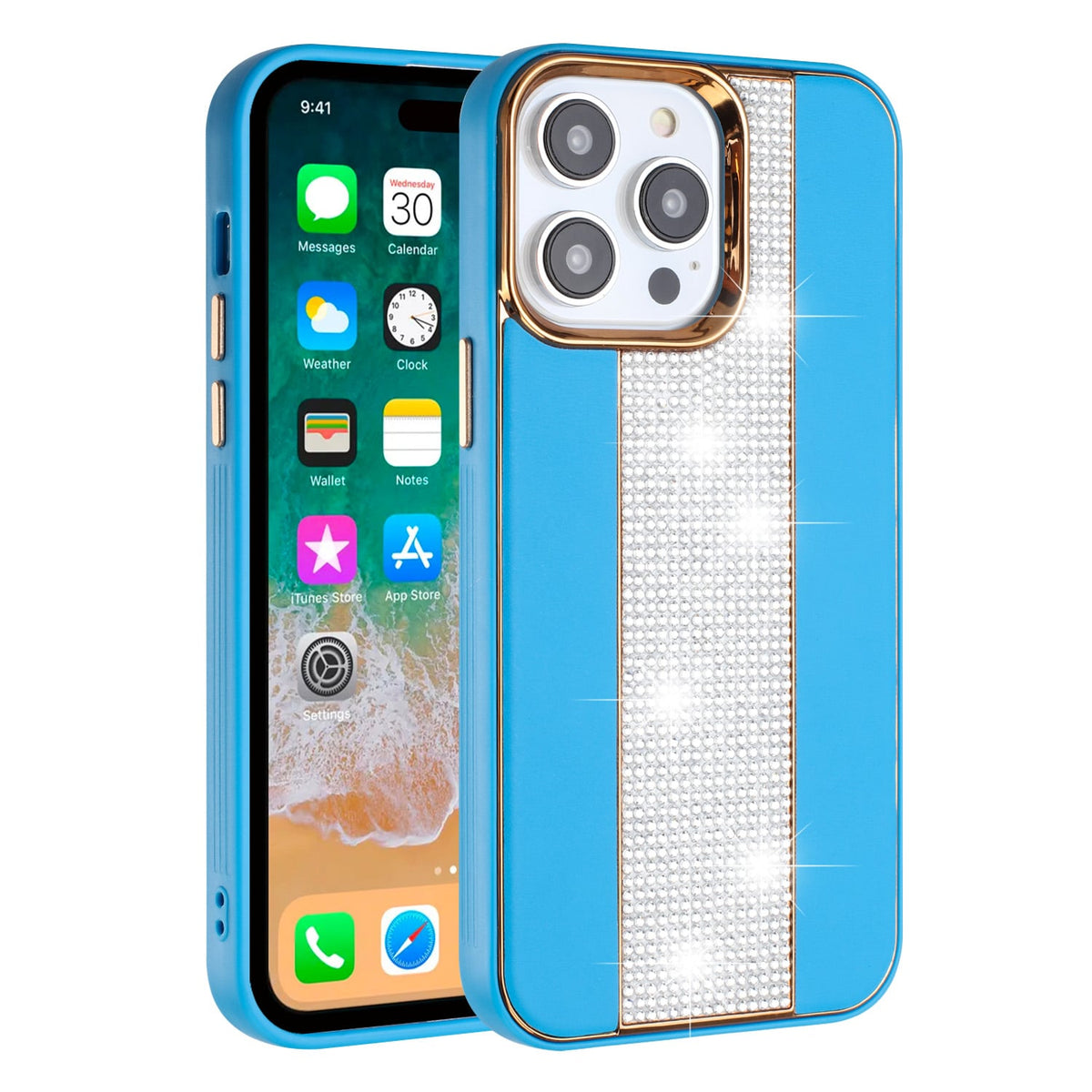 For iPhone 15 Pro (6.1") Flashy Diamond Leather Hybrid Shockproof Protection Chrome Camera Edge Grip Slim Durable Case Cover Dark Purple