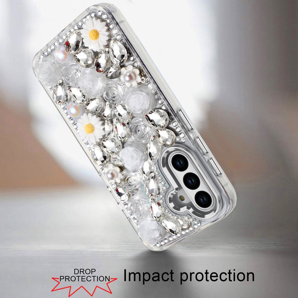 For Samsung Galaxy S25 FE, S25 Fan Edition Fashion Daisy Floral Series, Full 3D Bling Crystal Diamonds Sparkling Rhinestone Glitter Hybrid Design Case Cover Pink