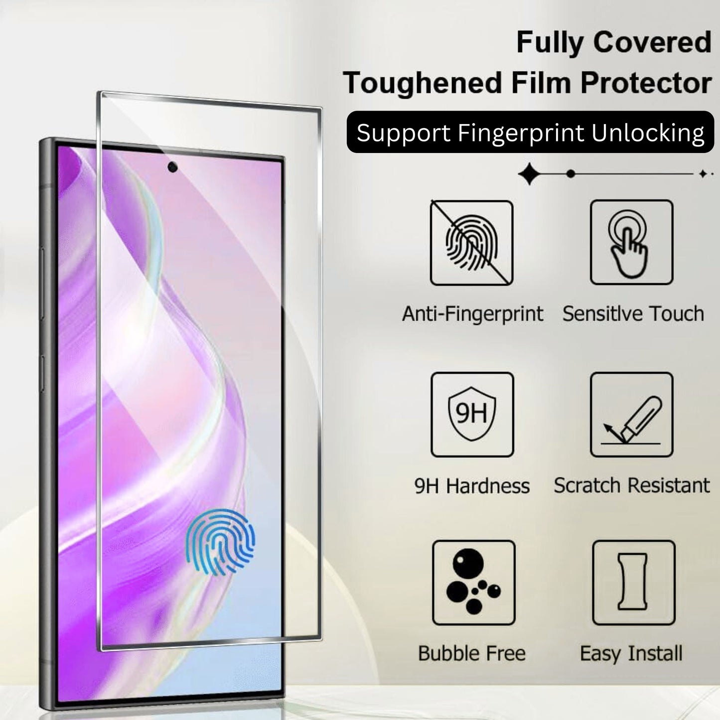 For Samsung Galaxy S21 Ultra Tempered Glass Screen Protector with Fingerprint Unlocking 3D Curved Edge Full Glue & Full Coverage Protector Black