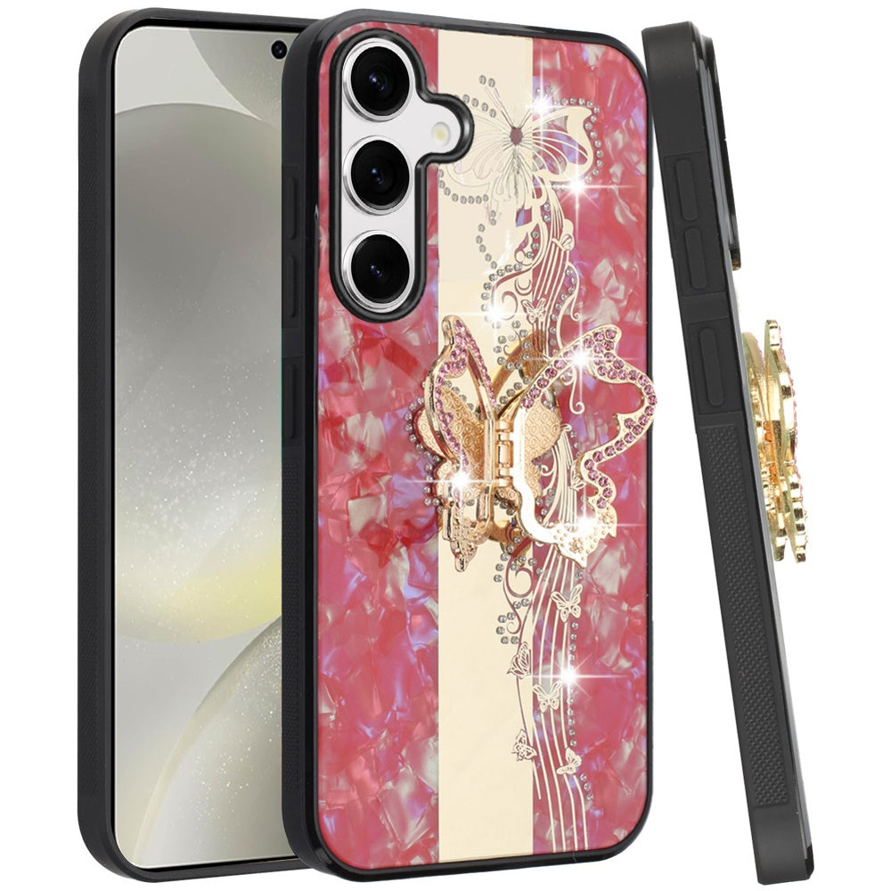For Samsung Galaxy S25 /S24 Diamonds 3D Fashion Bling Sparkly Glitter Ornaments Engraving Hybrid with Ring Stand Case Cover