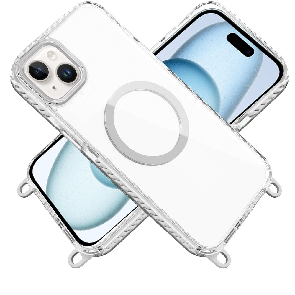 For iPhone 14/13 (6.1") Clear Magnetic Frame PC Back Shockproof Protective Case with Detachable Lanyard Strap, Compatible with MagSafe Case Cover Cosmic Orange