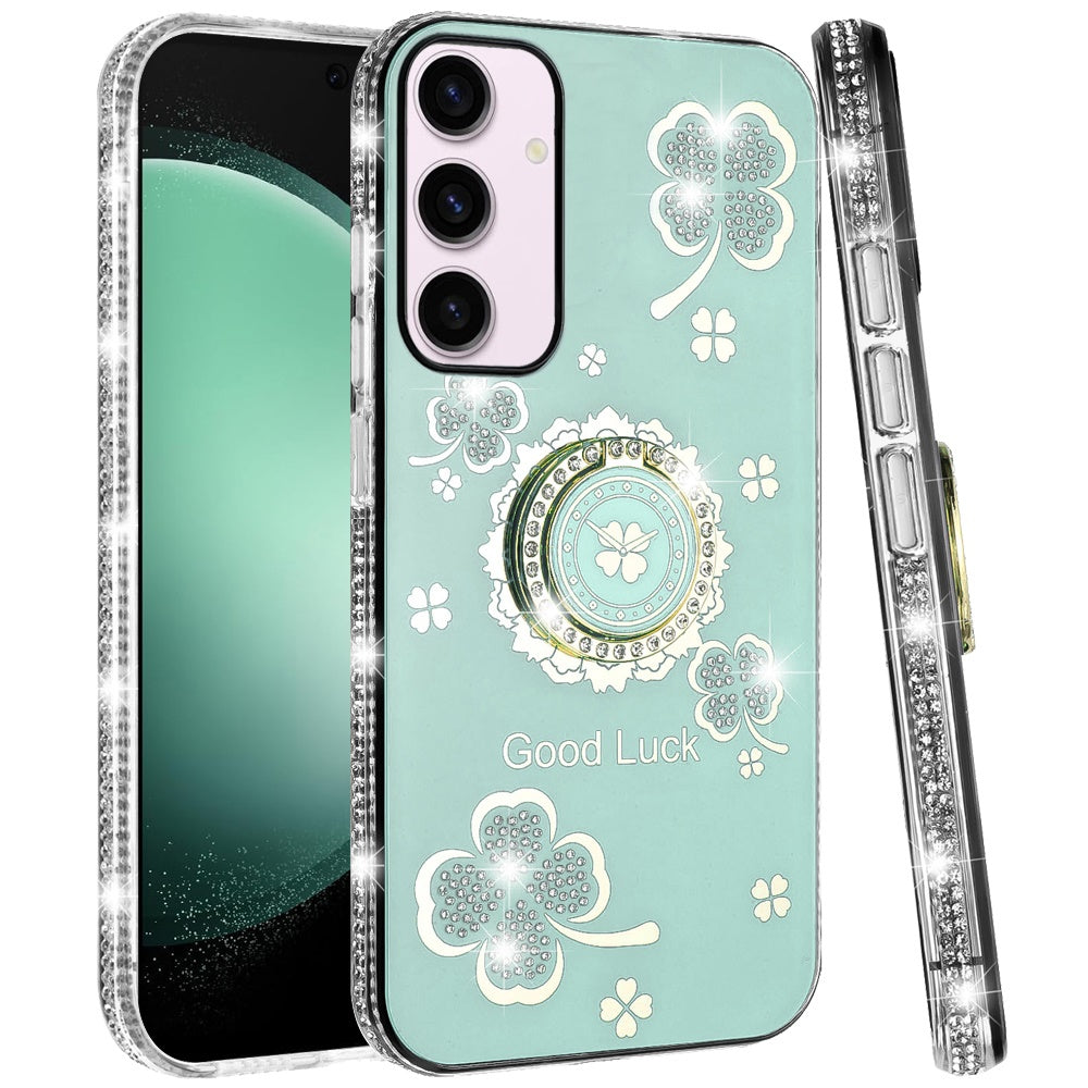 For Samsung Galaxy S23+ Plus Diamonds Bling All Around Edges Sparkly Glitter Hybrid Ring Stand Holder Fashion Good Luck Case Cover