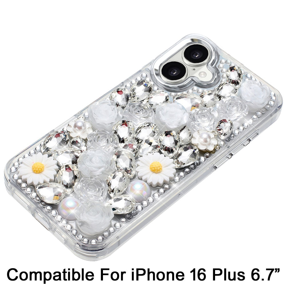 Phone Case for Apple iPhone 16 Plus Full Bling Rhinestone Glitter Floral Luxury Hybrid Shockproof Stylish Sparkling Protective Designer Ornament Cover