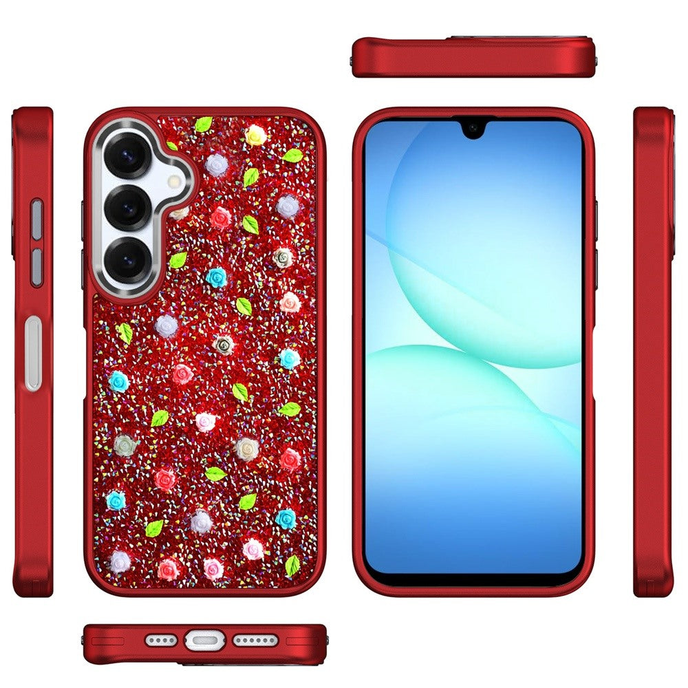 For Samsung Galaxy S25 Fan Edition /Galaxy S25 FE Floral Design Embedded Glass Diamond Fancy Fashion Glitter Bling Sparkly Hybrid Rugged TPU Bumper Case Cover