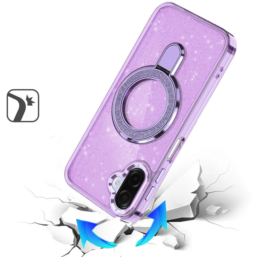 Phone Case for Samsung Galaxy A08 4G, A07 5G, A07 4G Transparent Glitter Bling Magnetic Ring Stand Shockproof Anti Slip Rotating Grip Protective Hybrid Durable Armor Cover