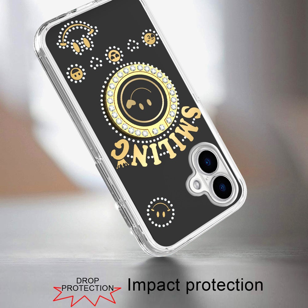 For Apple iPhone 17E /16E Smiling Glitter Bling Ornament Hybrid Shockproof Stylish Sparkle Design Secure Grip Durable Protection Case Cover Black