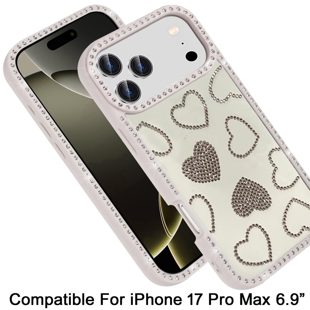 For Apple iPhone 17 Pro Max (6.9") Spread Love Glitter Shimmer Bling Diamond Edge Hybrid Drop Protection Shockproof Design Case Cover Black