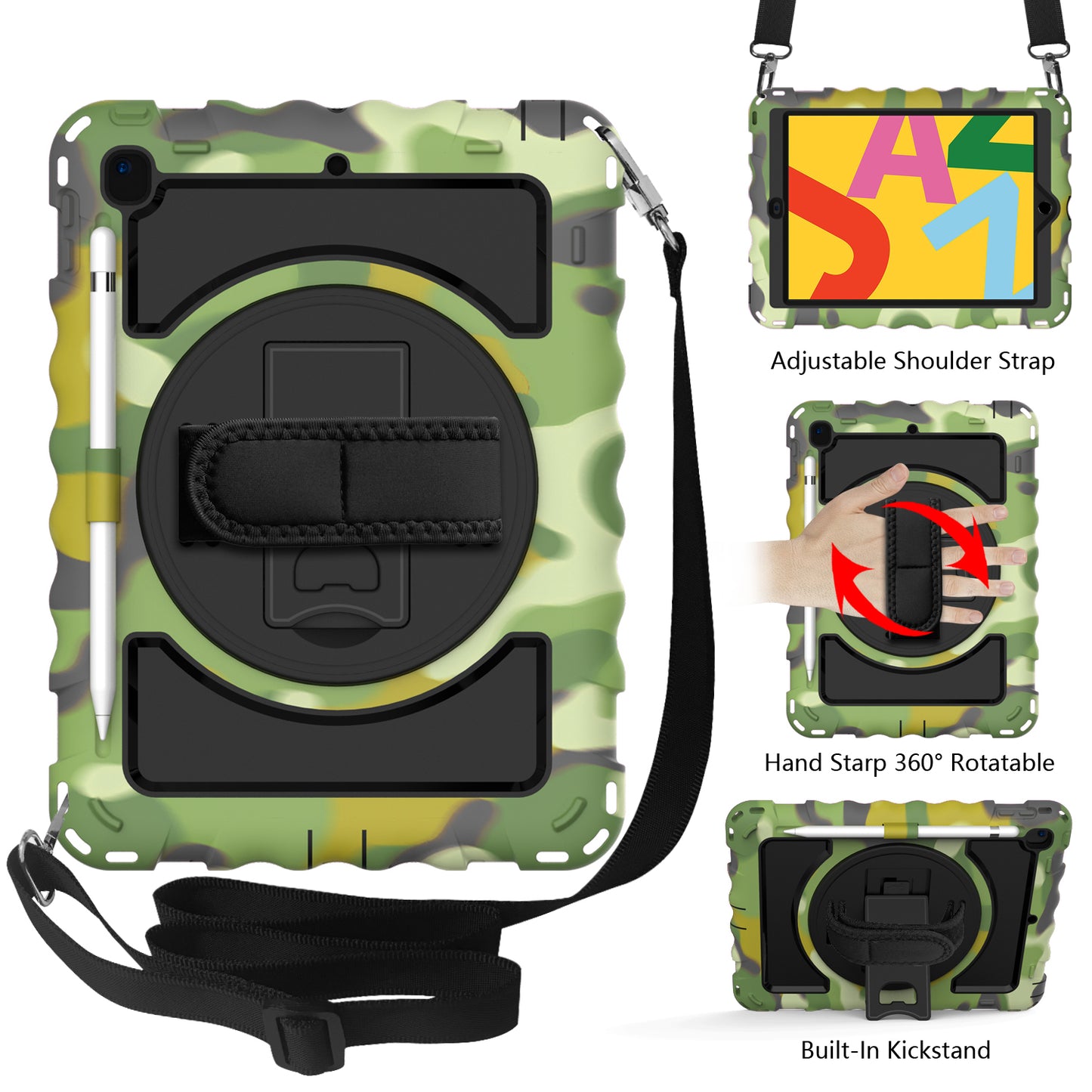 Tablet Case for Apple New iPad (9.7 inch), iPad 6th/5th Gen 2018 2017 360 Rotating Back Hybrid Heavy Duty Kickstand Hand Strap Shoulder Strap Full Body Drop Protection Cover Camouflage
