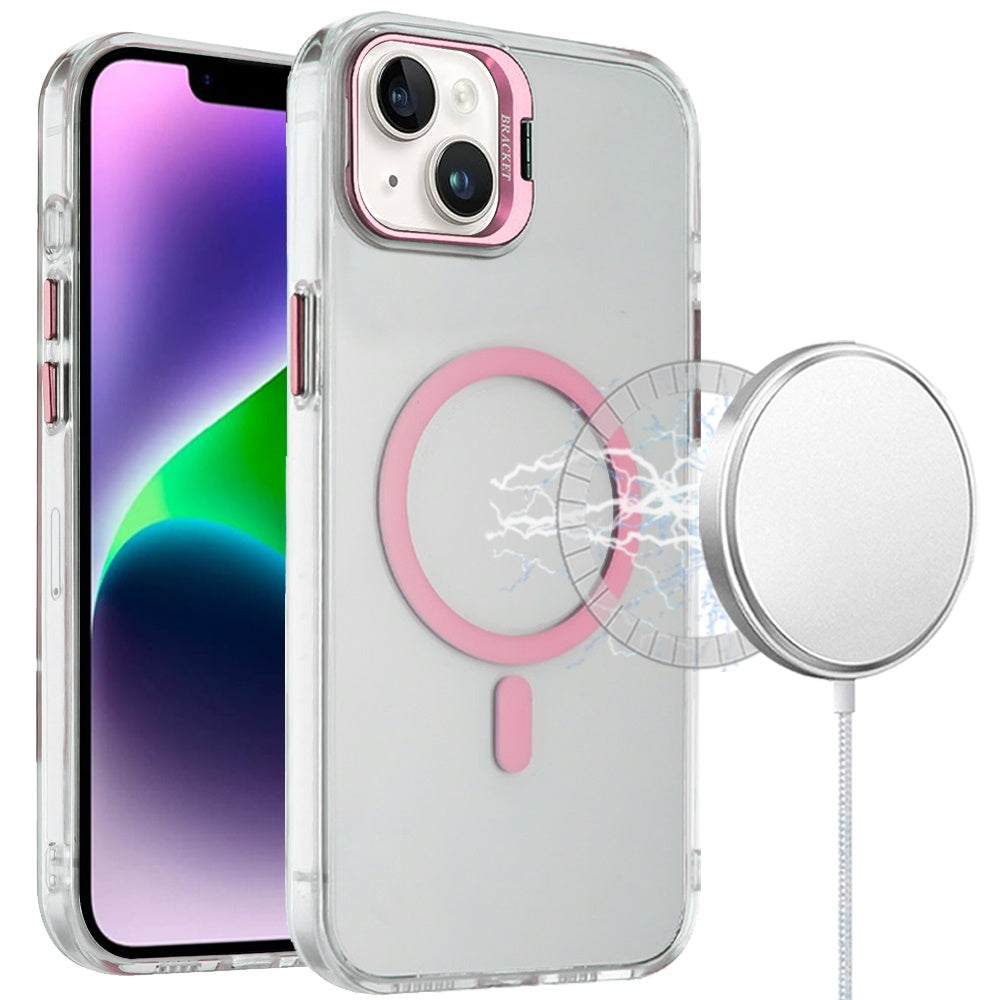 Phone Case for Apple iPhone 14/ iPhone 13 Clear Metallic Camera Stand Magnetic Hybrid TPU Shockproof Grip Camera Protection Kickstand Durable Armor Cover