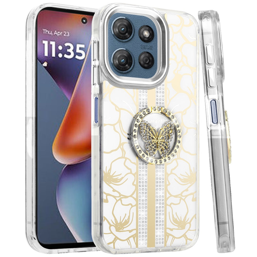 Phone Case for Motorola Moto G Play 5G 2026 Floral Butterfly Ring Stand Glitter Bling Shockproof Hybrid Luxury Fashion Protective Anti Slip Durable Grip Cover