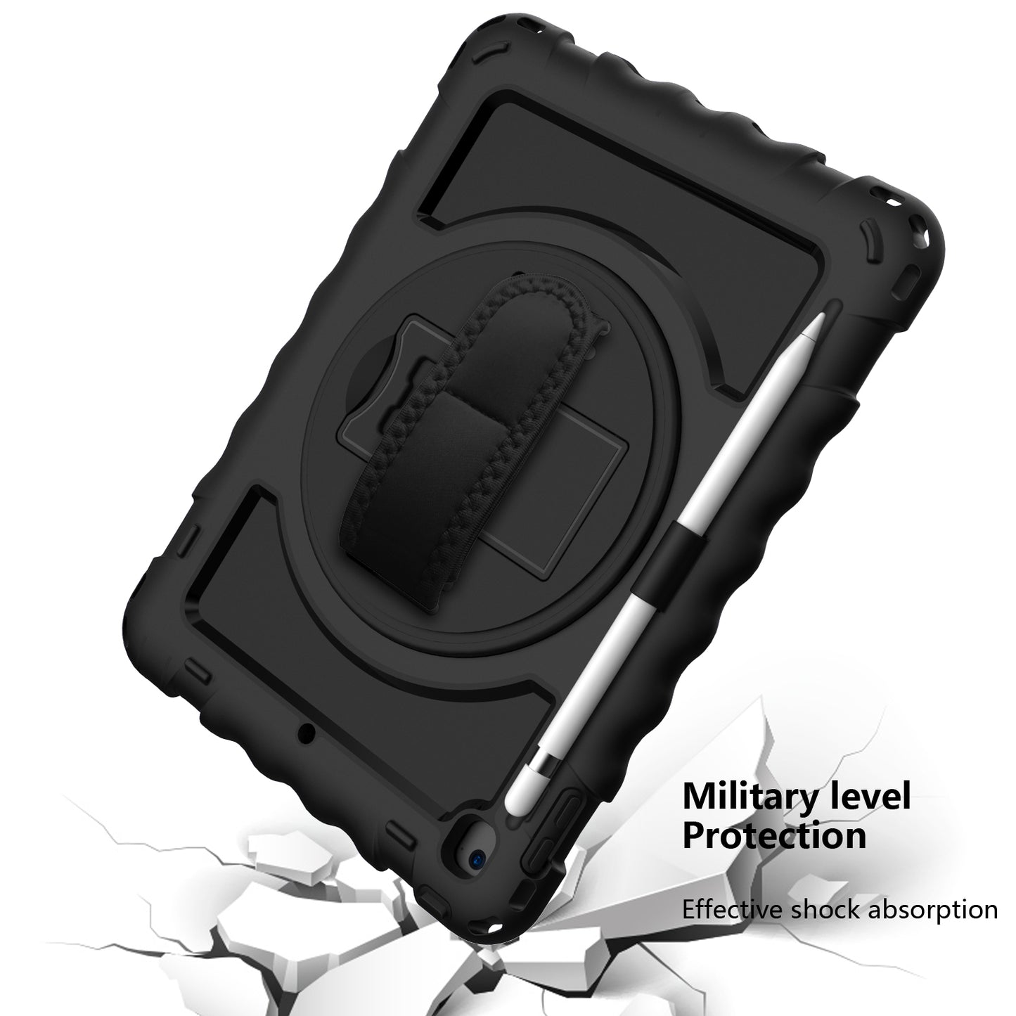 For Hybrid 3in1 Armor Rugged with Built-in Kickstand 360° Rotatable Stand & Shoulder Hand Strap Corner Shockproof Black Tablet Case Cover