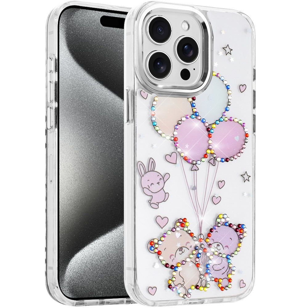 For Apple iPhone 15 Pro Max Butterfly Resin Epoxy Diamond Design Metal Edged Hybrid Shockproof Heavy Duty Drop Protection Case Cover