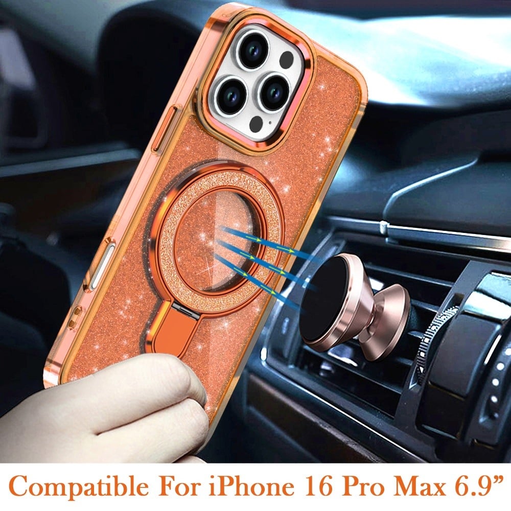 For iPhone 16 Pro Max (6.9") Transparent Glitter Bling Case with Rotating Magnetic Ring Stand, Shockproof Hybrid Protector Light Pink