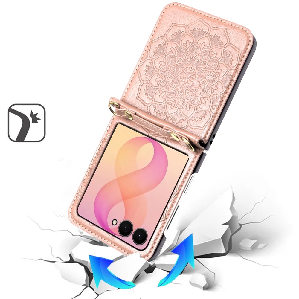Phone Case for Samsung Galaxy Z Flip 8 PU Leather Embossed Floral Textured with Strap Protective Reinforced Edge Mandala Design Cover