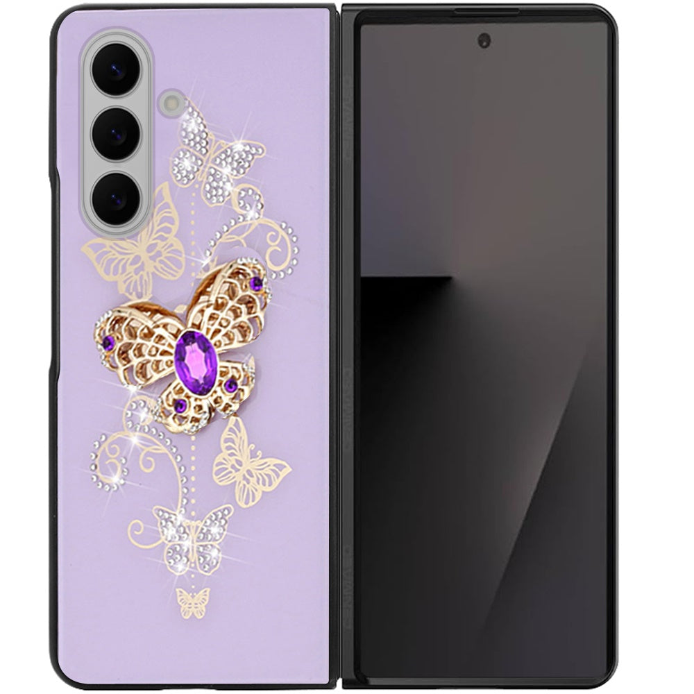 For Samsung Galaxy Z Fold 7 Diamonds 3D Fashion Floral Bling Sparkly Glitter Ornaments Engraving Hybrid with Ring Stand Case Cover
