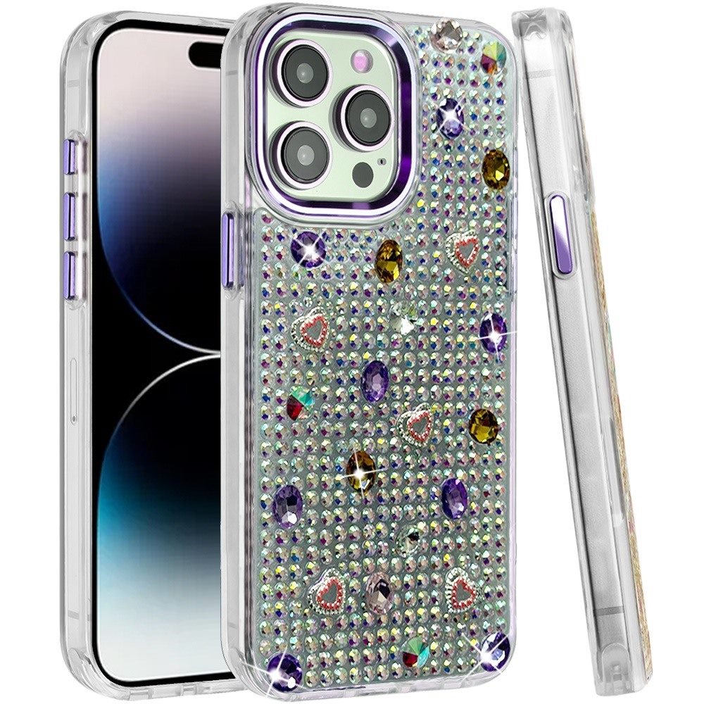 Phone Case for Apple iPhone 14 Pro Max Chrome Fashion Hybrid Bling Diamond Heart Rhinestone Decorative Stones Sparkling Embellished Design Cover