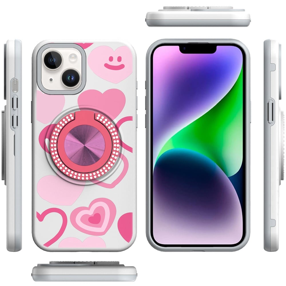 Phone Case for Apple iPhone 14/13 Magnetic Ring Stand Matte Metal Hybrid Car Mount Friendly Shockproof Rotational Grip Diamond Design Pattern Cover
