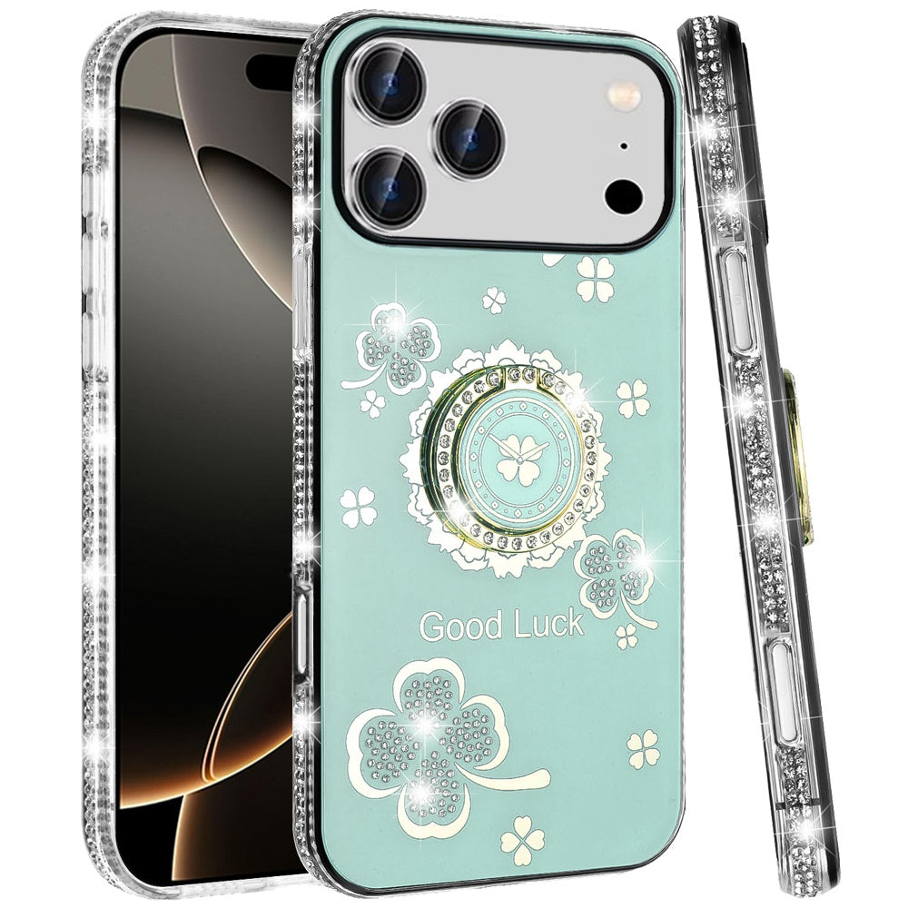 For Apple iPhone 17 Pro Max (6.9") Diamonds Bling All Around Edges Sparkly Glitter Hybrid with Ring Stand Holder Fashion Good Luck Case Cover
