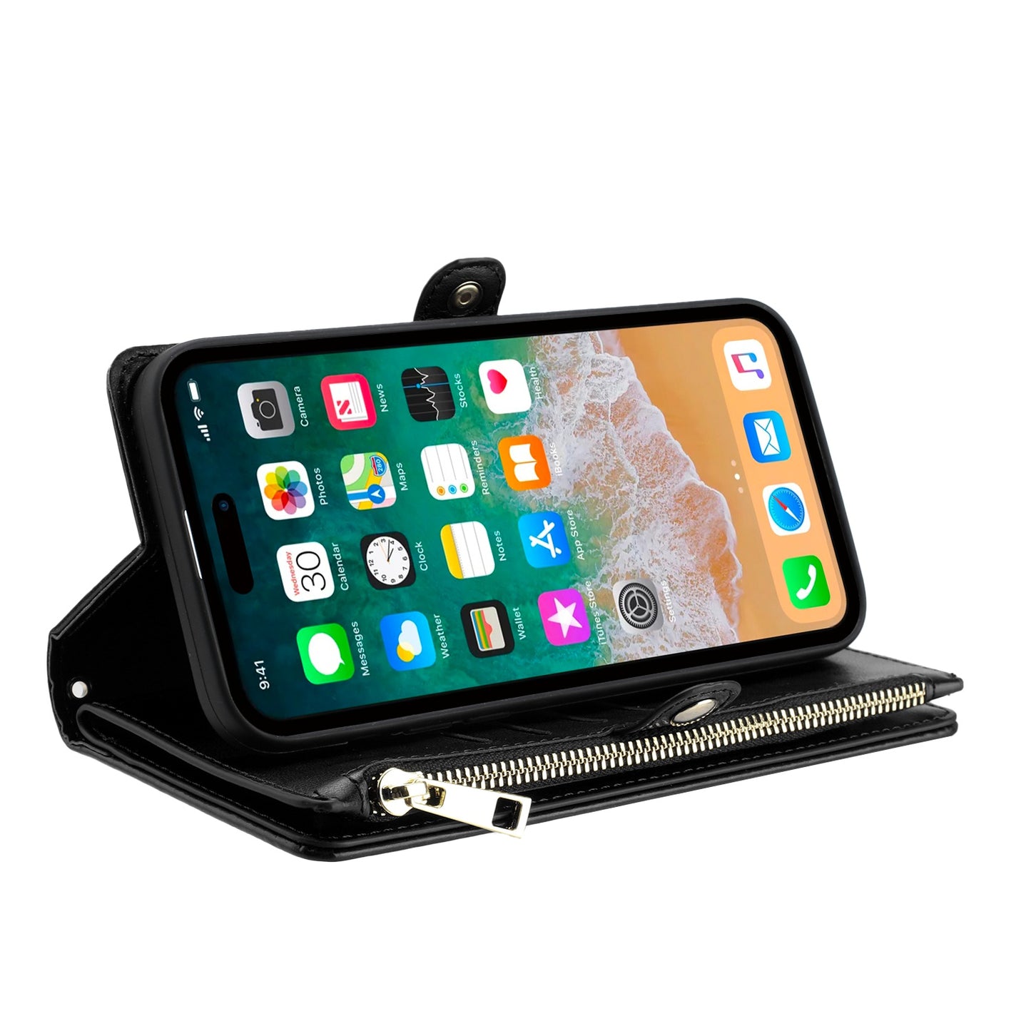 For Apple iPhone SE 4 Wallet Purse Stylish Design with Credit Card & ID Slots, Durable Zipper Storage, Adjustable Lanyard Case Cover Black