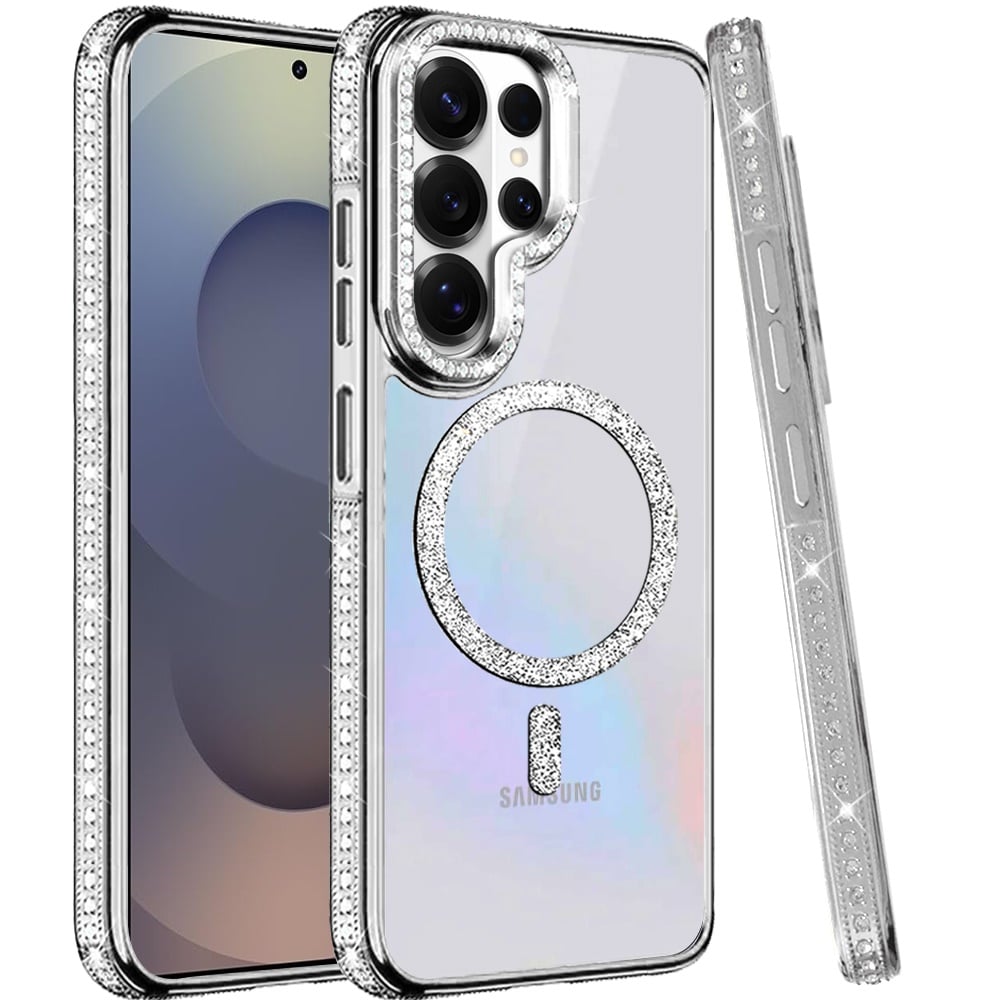 Phone Case for Samsung Galaxy S25 Ultra Luxury Diamond Bling Edged Magnetic Glitter Shockproof Hybrid with Camera Kickstand Durable Grip Cover