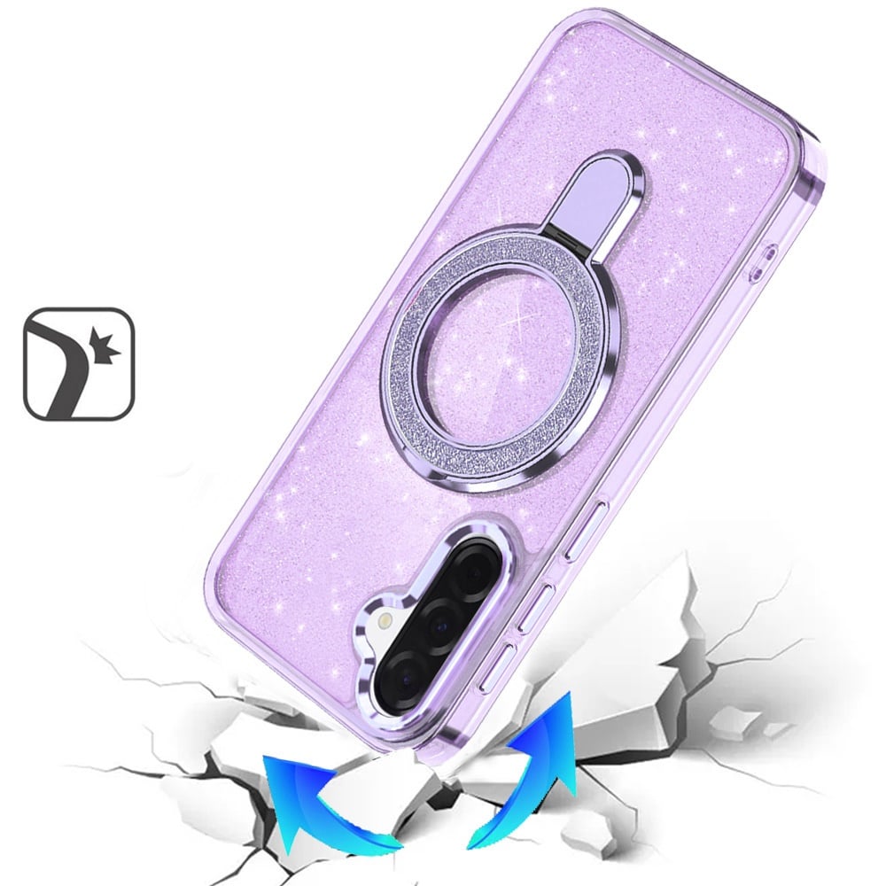 Phone Case for Samsung Galaxy A57 Transparent Glitter Bling Magnetic Ring Stand Shockproof Anti Slip Rotating Grip Protective Hybrid Durable Armor Cover