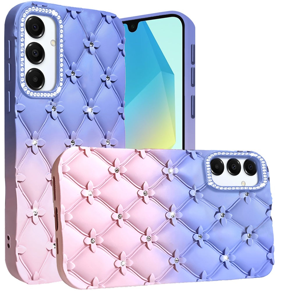 For Samsung Galaxy A16 5G Fashion Flower Design Sparkle Glitter Shimmer Rhinestone Bling Floral Accents, Leather Texture TPU Case Cover