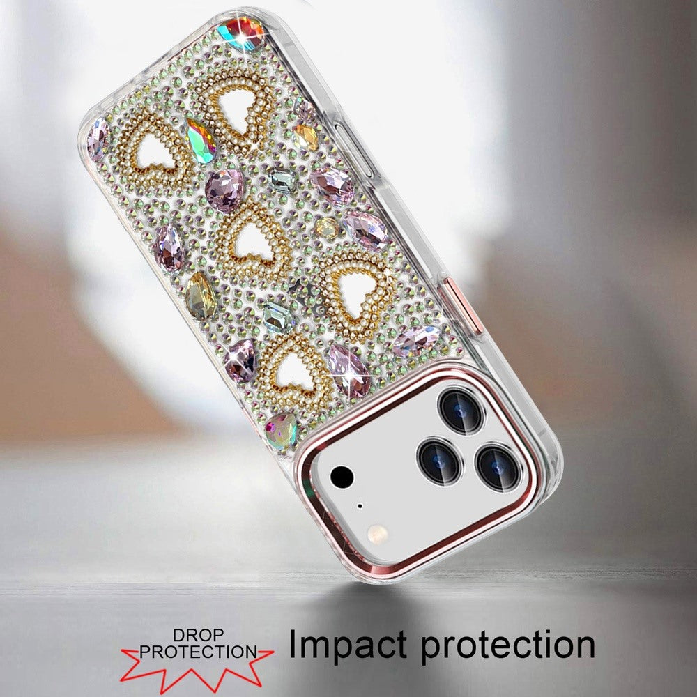 Phone Case for Apple iPhone 18 Pro Luxury Crystal Heart Rhinestone Diamond Bling Shockproof Hybrid Glitter Protective Stylish Durable Grip Cover
