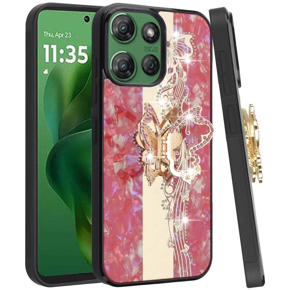 Phone Case for Motorola Moto G Power 5G 2026 /2025 Diamond Glitter Butterfly Engraved Ring Stand Luxury Bling Hybrid Shockproof Chrome Edge Protective Durable Grip Cover