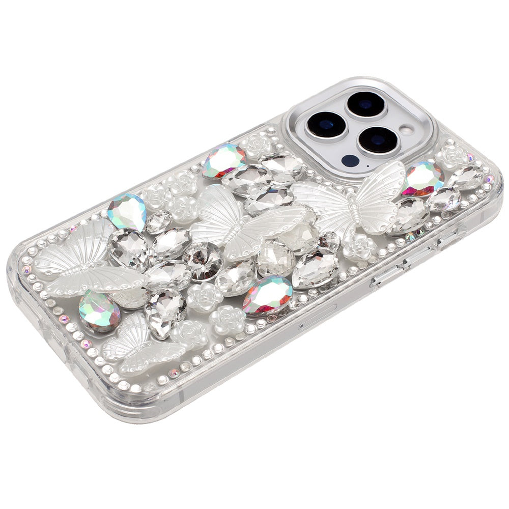 For Apple iPhone 13 Pro Max 3D Diamond Floral Butterfly Bling Stone Hybrid, Sparkly Rhinestone Gemstone Back Shockproof Case Cover