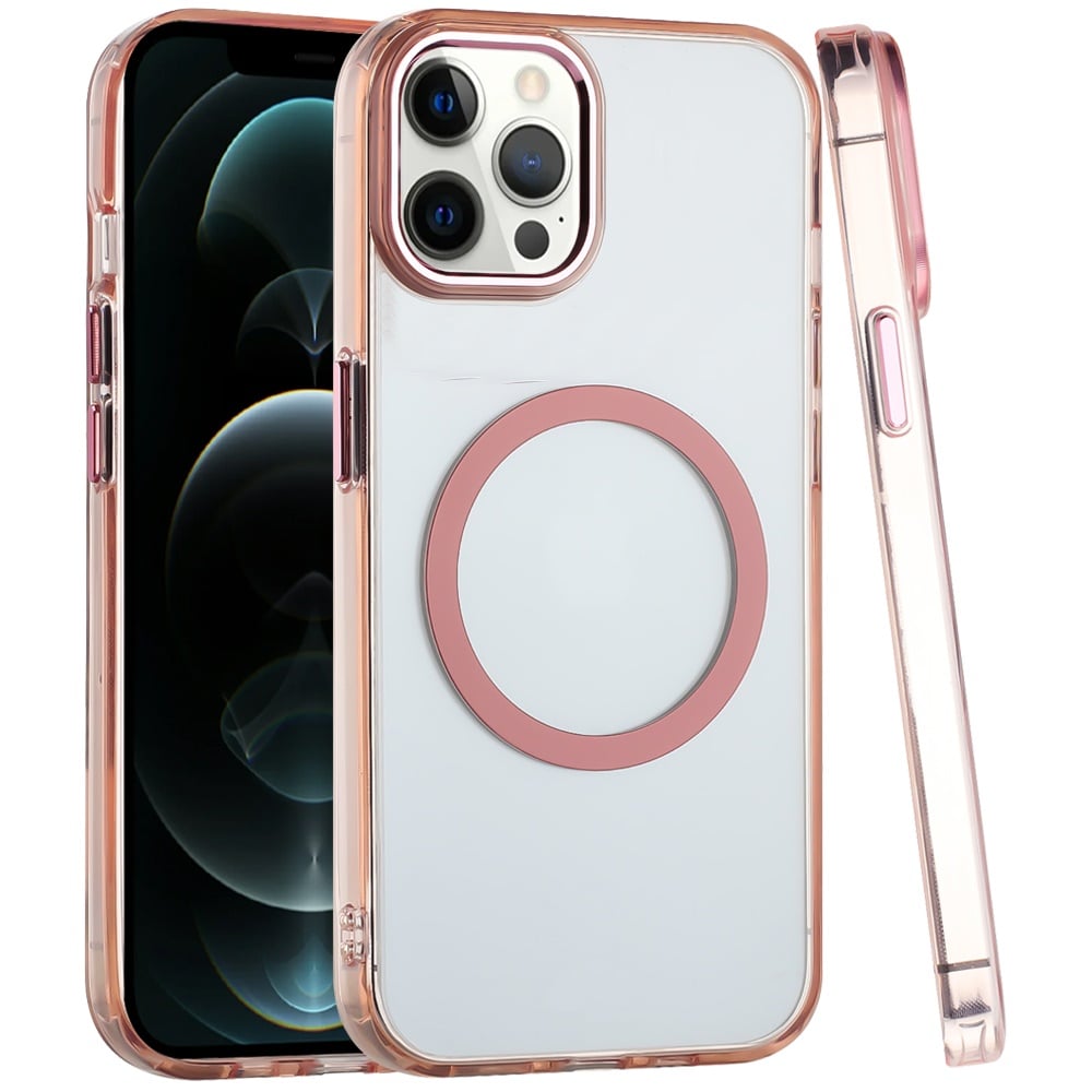 For Apple iPhone 12 Pro Max Transparent Back Hybrid Case - Magnetic Circle, Color Frame, Metal Buttons, MagSafe Compatible Case Cover