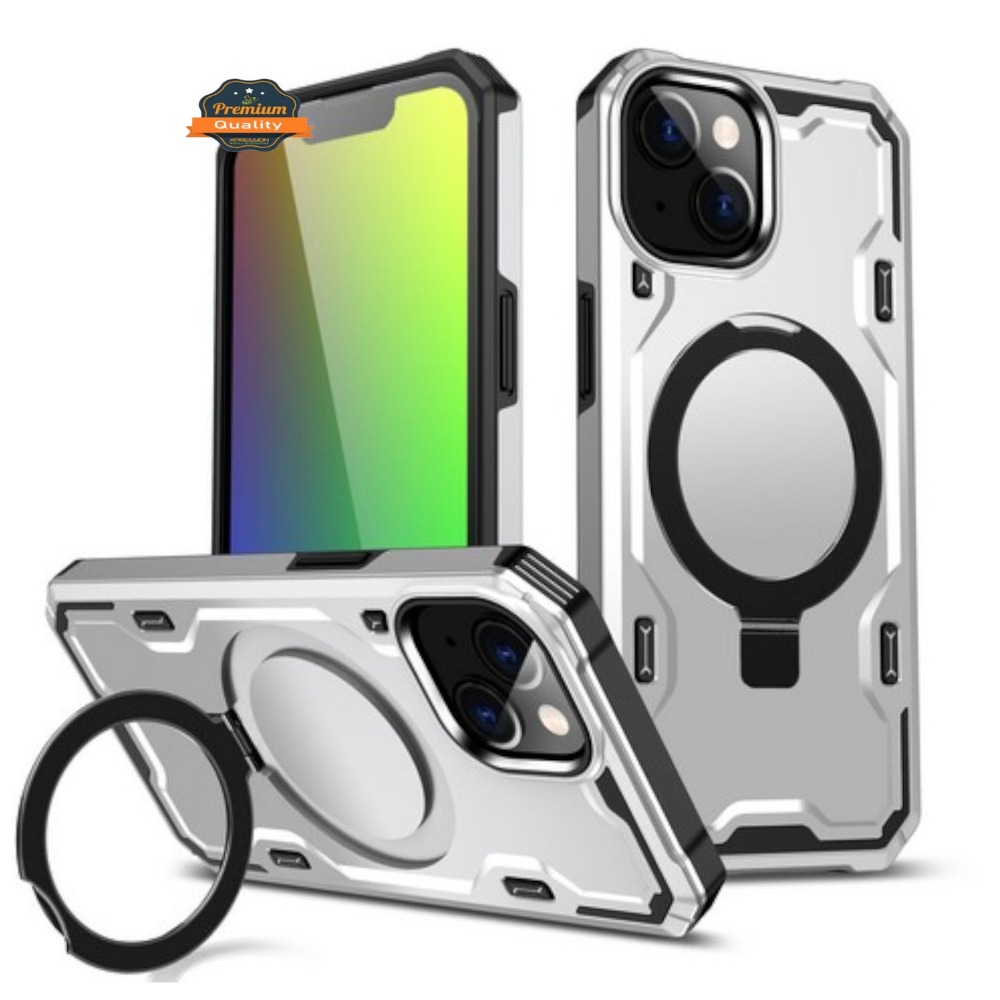 For Apple iPhone 15 Plus (6.7") Hybrid Magnetic Ring Stand Invisible Foldable Military Grade Shockproof Fit with Magsafe Phone Case Cover