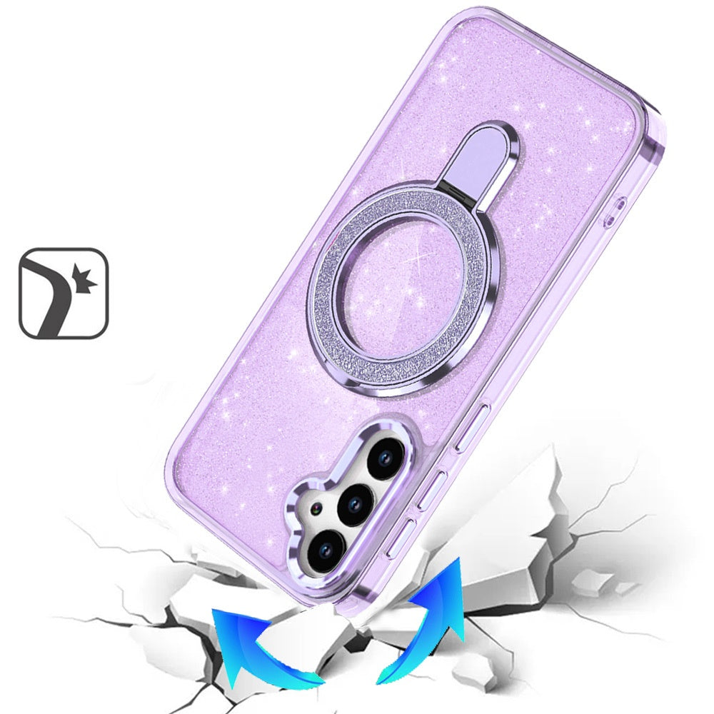 For Samsung Galaxy S26+ / S26 Plus Transparent Glitter Bling Case with Rotating Magnetic Ring Stand, Shockproof Hybrid Case Cover