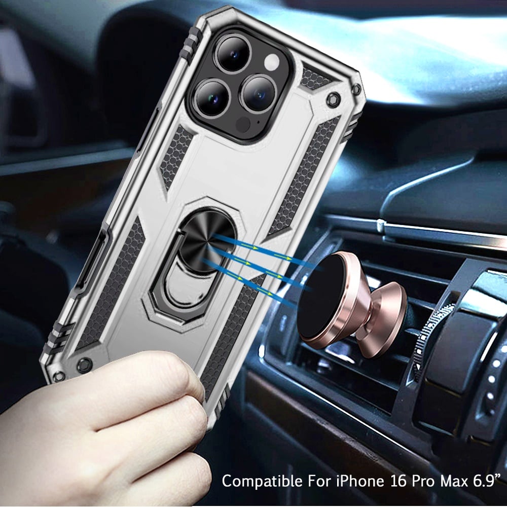 For iPhone 16 Pro Max (6.9") Hybrid Shockproof Durable 360 Degree Rotatable Ring Stand Holder Kickstand Fit Magnetic Car Mount Case Cover