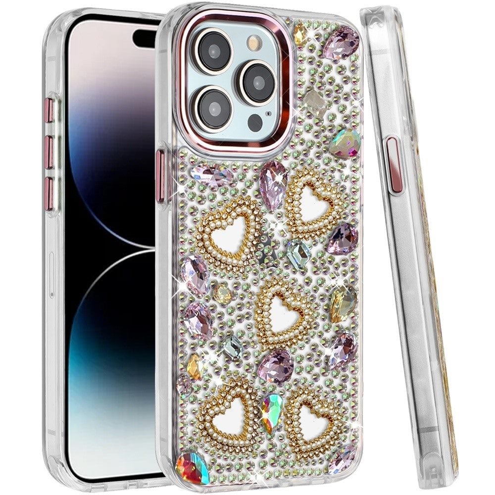 Phone Case for Apple iPhone 14 Pro Max Luxury Crystal Heart Rhinestone Diamond Bling Shockproof Hybrid Glitter Protective Stylish Durable Grip Cover