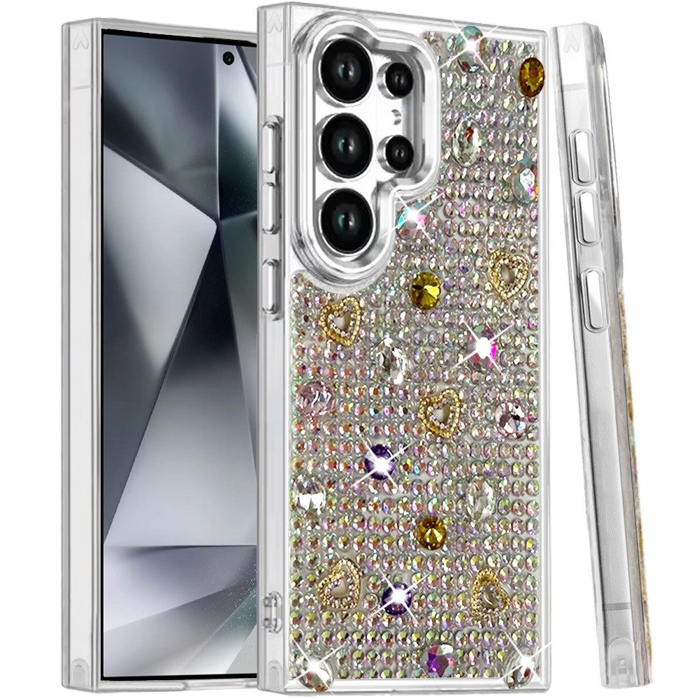Phone Case for Samsung Galaxy S24 Ultra Chrome Fashion Hybrid Bling Diamond Heart Rhinestone Decorative Stones Sparkling Embellished Design Cover