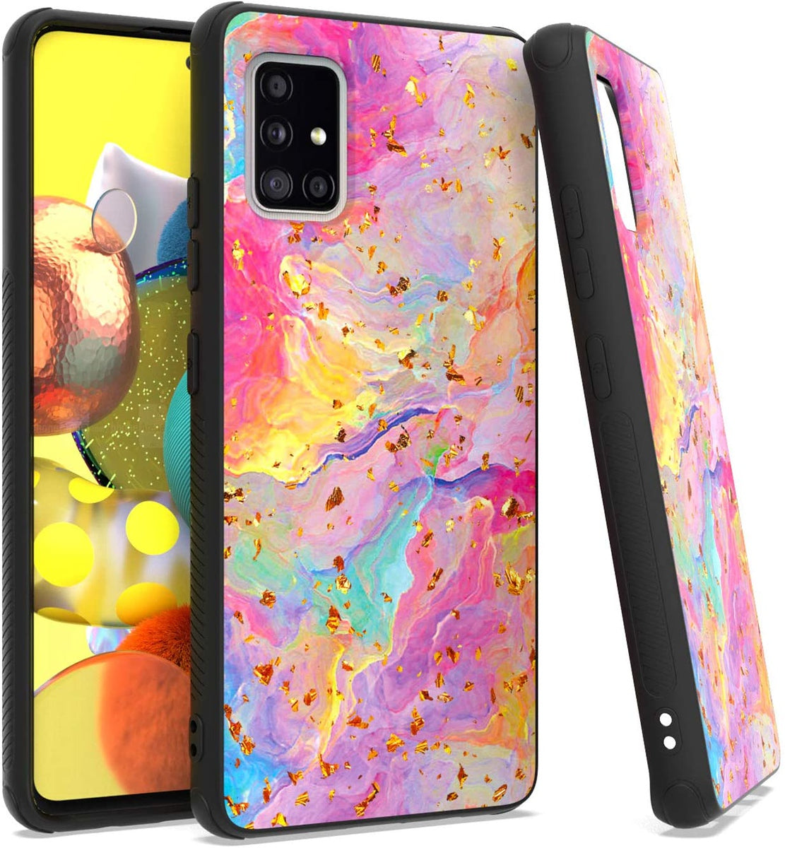 For Apple iPhone 15 Pro (6.1") Marble Fashion Stylish Flake Glitter Bling Hybrid Glossy TPU Rubber Hard PC Protection Marble Colorful Rainbow Phone Case Cover