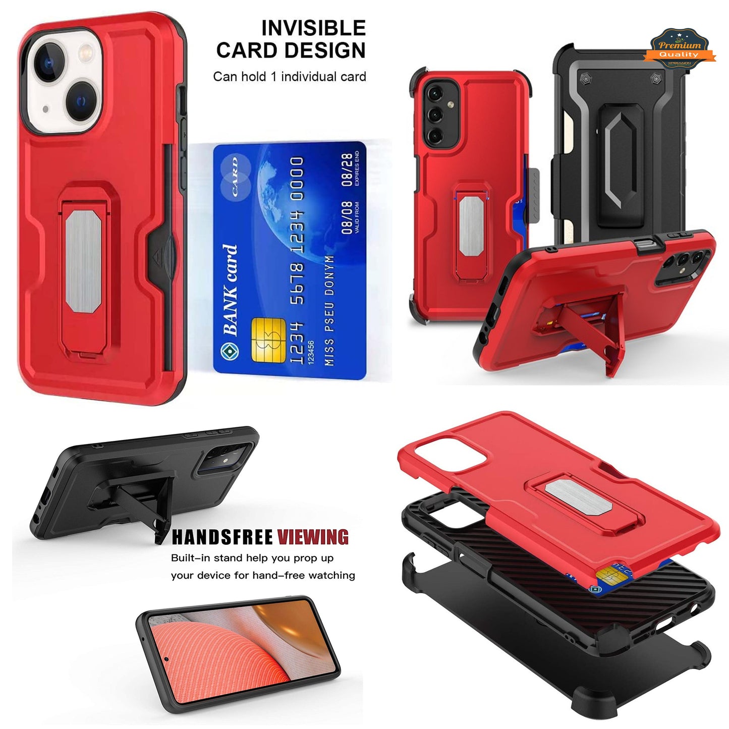 For Apple iPhone 15 Plus (6.7") Hybrid Invisible ID Card Slot Wallet with Kickstand Holster Belt Clip Holder Heavy Duty Phone Case Cover