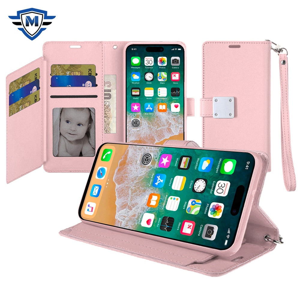 For Apple iPhone 16 Plus (6.7") Premium Leather Wallet with Credit Card ID Slots Cash Holder Duo Flip Pouch Stand and Strap Case Cover