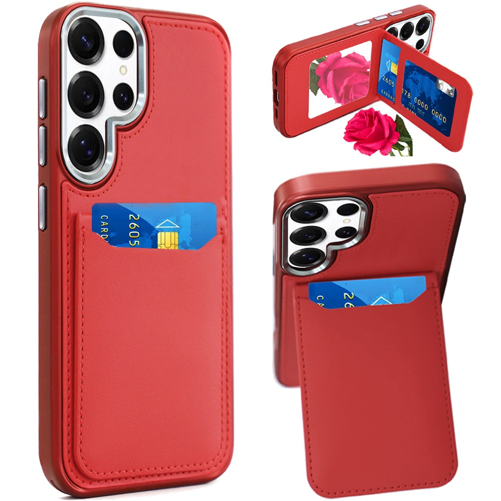 For Samsung Galaxy S23 Ultra PU Leather Wallet Cover with Credit Card Holder, Kickstand & Mirror Inside Slim Fit TPU & PC Hybrid Design Case Cover