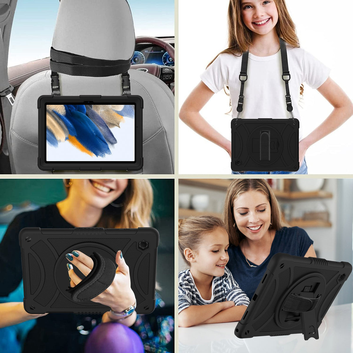 For 3-in-1 Tough Hybrid Shockproof Protector Silicone TPU with Pencil Holder, Kickstand, Hand & Shoulder Strap Black Tablet Case Cover